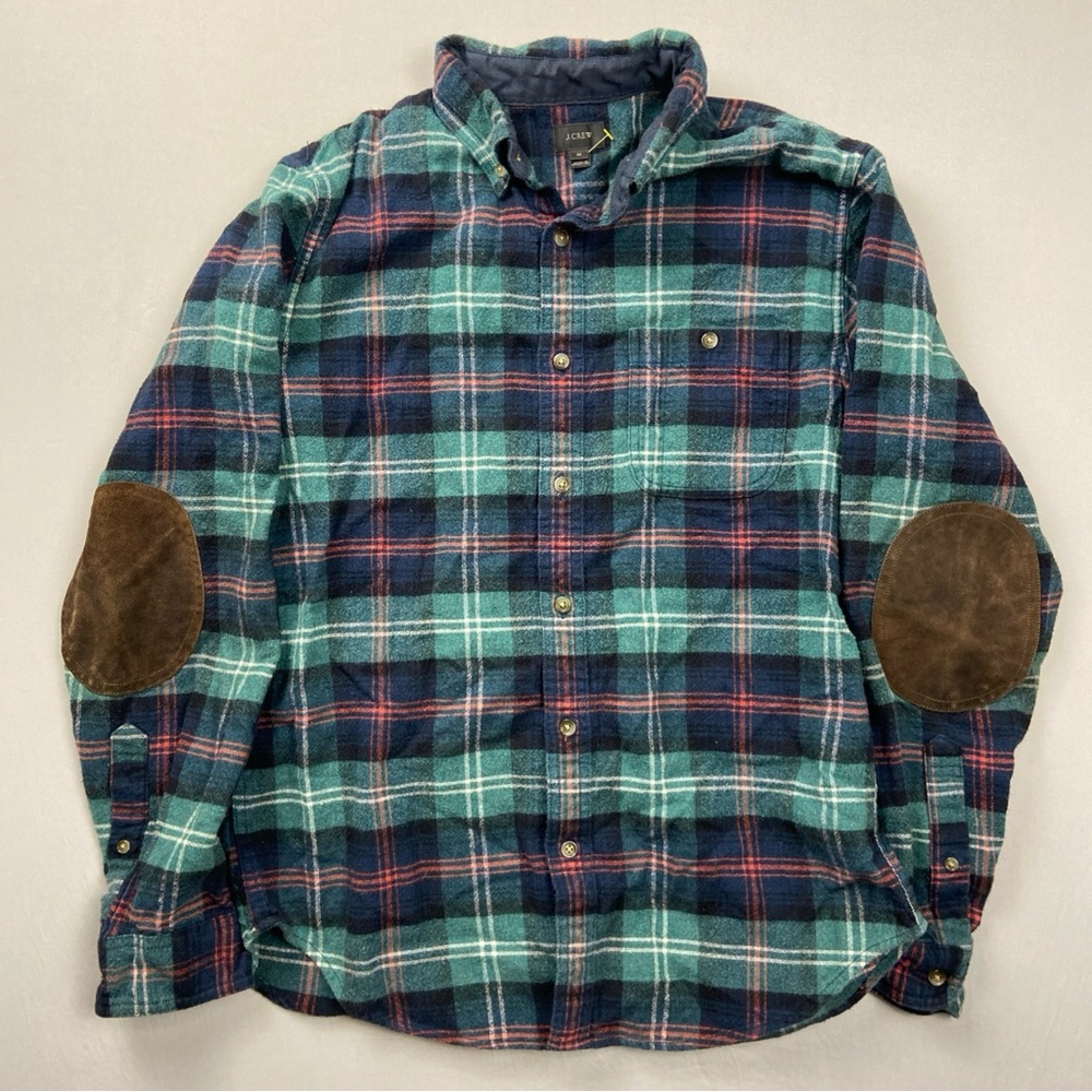 J Crew Shirt Men’s Medium Plaid Flannel Cotton Wool Blend Elbow Patch Green Blue